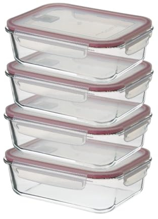 CASASELECCION 4 Tuppers de Cristal Hermético con Tapa y válvula de ventilación de 1500 ml para Comida, Recipiente de Vidrio, Uso Apto en Horno/Microondas/Lavavajillas/Congelador, Sin BPA