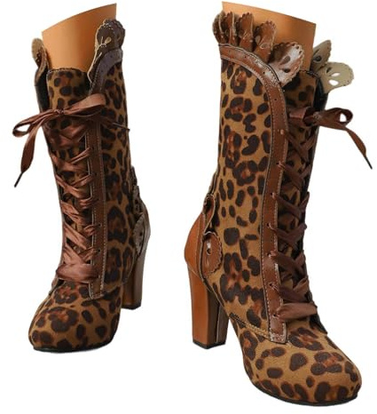 Generisch Stivali da donna alla moda in camoscio con punta rotonda, motivo leopardato, pizzo, chiusura lampo, tacco grosso, lunghezza al polpaccio per gite ricreative a scuola, marrone, 39 EU