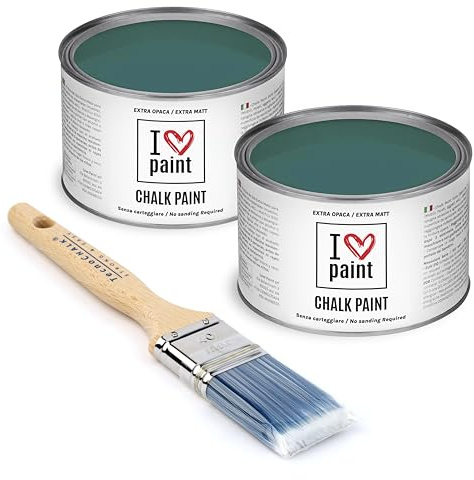 I Love Chalk Paint Ottanio – Set Risparmio 2 Barattoli + Pennello – 750 ml totali – Vernice Effetto Gesso per Mobili – Chalk Paint Pittura Tutto Senza Carteggiare