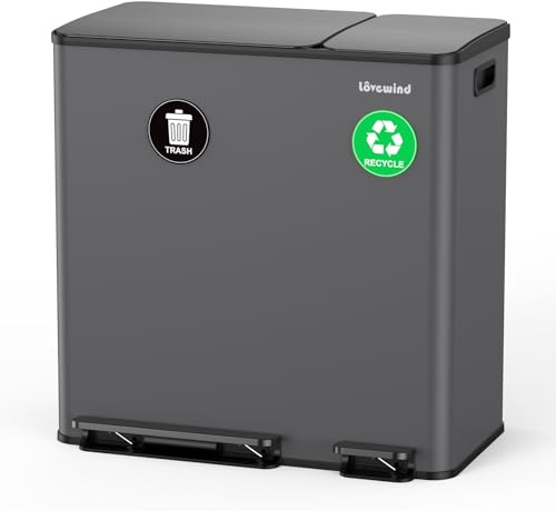 Dual Trash and Recycling Bins for Kitchen, 13.2 + 5.2 Gal (50+20L) Stainless Steel Trash and Recycle Bin Combo with Soft-Close Lid, Large Garbage Cans for Kitchen Home with 2 Magnets Sticker, Grey