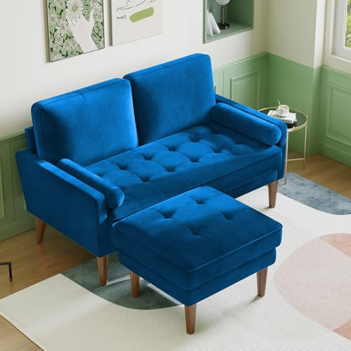 Vesgantti Small 2 Seater Sofa with Ottoman, Comfy Couch with Spring Cushion, Velvet Sofa with Wood Legs, Modern Love Seat Sofa 2 Seater for Living Room, Small Couch for Bedroom, Blue Office Couch