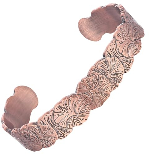 MagEnergy Damer koppararmband ginkgoblad, 100 % ren massiv koppar obelagd, handgjord vintage design