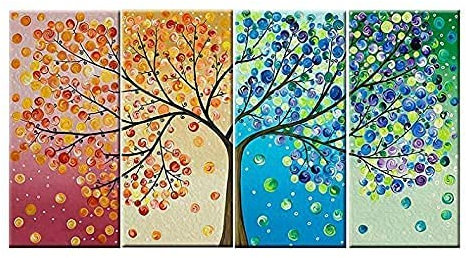 SWFDV Pittura a Olio su Tela Quadro Albero della Vita di Quattro Stagioni - Dipinto Fortunato su Tela - Poster Genealogico con Foglie Colorate - Wall Art Painting