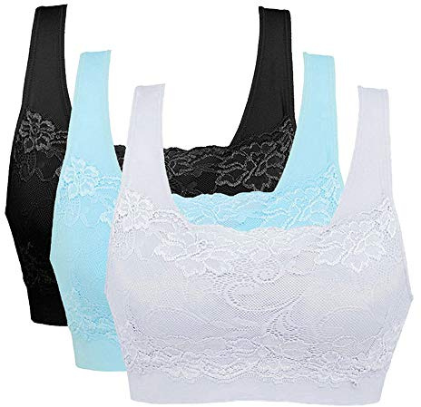 Vertvie dam stretch-bh utan byglar, push-up, yoga, sport bh, toppset för träning, stoppning, 3-pack, Svart + vit + blå, XL