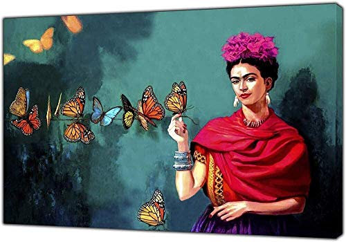 MRYZZ Leinwanddruck Und Poster, Frida Kahlo Und Schmetterlings-Druck Auf Leinwand-Wand-Kunst-Bild Hauptdekor Segeltuch-Anstrich Für Wohnzimmer, Schlafzimmer, Rahmenlos (Size : 60×80cm)