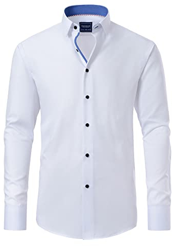 Gollnwe Hemd Herren Langarm Regular Fit Casual Herrenhemdn Kontrast Kragen und umwandelbare Manschetten Kleid Hemd Weiß L