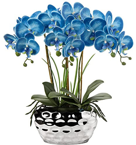Kunstpflanze Orchideen Künstliche Deko Blumen Kunstblumen Wie Echt Mit Real-Touch Blüten im Keramiktopf Tischdeko Fensterbank Deko, Höhe 44 cm, Blu