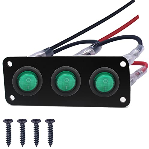 RUNCCI-YUN 12V pannello interruttore,Pulsante Interruttore Rotondo,12V 3 Gang Pannello interruttori a levetta LED,Pannello Interruttori a Bilanciere per Auto, Barca, Camion (verde)