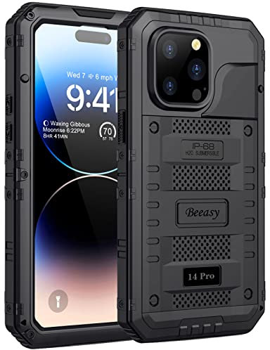 Beeasy für iPhone 14 Pro Wasserdicht Outdoor Hülle (6,1), Stoßfest Panzerhülle Militär 360 Grad Schutzhülle mit Displayschutz, Robust Metall Heavy Duty Handyhülle iPhone 14 Pro Case, Schwarz