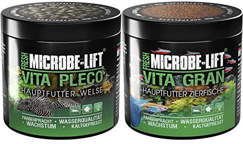 MICROBE-LIFT® - Vita Pleco | Granulat Welsfutter für Süßwasser Aquarium | Kaltgepresstes Futter, 250ml & ® - Vita Gran | Granulat Fischfutter für Fische in Süßwasser Aquarium 486g