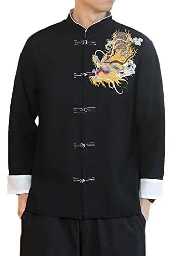 QPZK Kung Fu Jacke Tang Anzug Männer Hanfu Chinesische traditionelle Kleidung Drache Stickart Kampfkunst Kleidung Tai Chi Uniform Langarmes Mantel Tops Hemd black-5XL