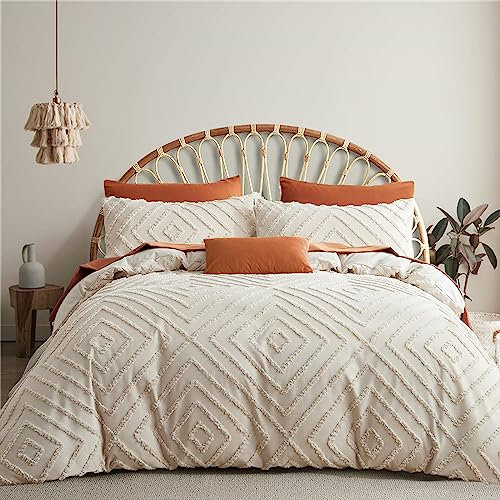 Tospass Beige Bettwäsche 135x200 4 Teilig mit Handgemacht Stickerei Bettwäsche Vintage Getuftet Boho Bettbezug Shabby Chic Gewaschene Mikrofaser 2 Deckenbezug mit Reißverschluss 2 Kissenbezug 80x80