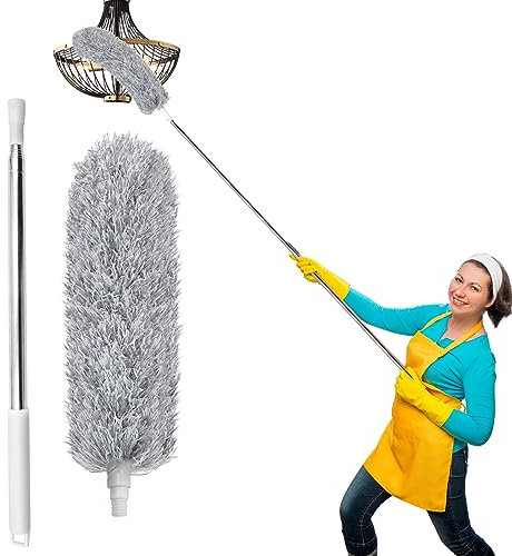 Feather Duster,Extendable Feather Duster,Feather Duster with Extra Long 100 inches Telescopic Pole and Bendable Head,Easy to Absorb Dust Anti Static,Perfect for Cleaning Cobweb,Ceiling Fan,Blinds etc