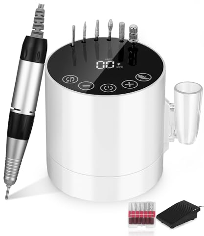 jutyum Torno para Uñas Profesional, 35000 RPM, Limas de Uñas Profesionales, Nail Drill, Lima de Uñas Electrica con Pedal y 6 Brocas, Limador de Uñas Electrico,Torno Uñas Semipermanentes, Blanco