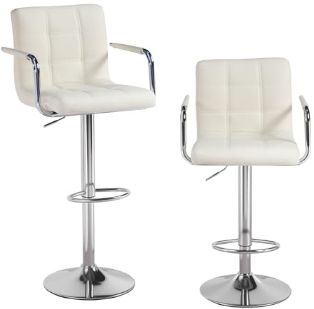 Panana Lot de 2 Tabourets de Bar, Chaises Haut, Hauteur Réglable, Revêtement en PU, Rotatif sur 360°, avec Accoudoirs, Dossier et Repose-Pieds, Pied Chromé (Beige)