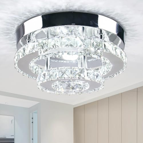 Cainjiazh lámpara de araña de cristal Mini lámpara de araña LED lámpara de techo de cristal 2 pisos pasillo de lámpara de techo integrado circular escalera cocina baño iluminación (blanco frío)