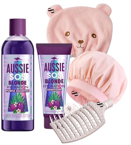 Purple Shampoo & Conditioner For Blonde Hair Care Set -290ml Aussie Shampoo and Conditioner 200ml Vegan Blonde Hydration Bundled with 1 x Detangling Hair Brush 1 x Shower Cap 1 x Hair Drying Cap