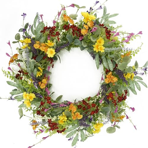AMF0RESJ Artificial Spring Summer Wreath for Front Door Yellow Daisy Wreath with Olive Leaf,Eucalyptus Leaves for Front Door Indoor Outdoor Wall Porch Farmhouse Home Decor