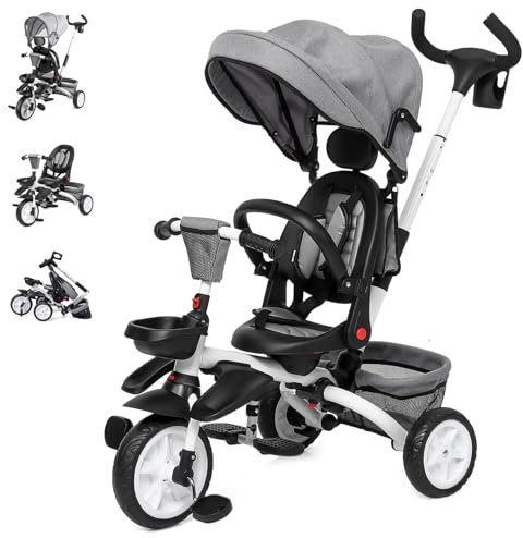 Dreirad 7 in 1 Kinderdreirad, Dreiräder mit Schubstange Lenksystem Stange, Getränkehalter, Sonnendach, Sicherheitsgurt und Stauraum, Klappbar Dreirad ab 1 Jahr, Grau