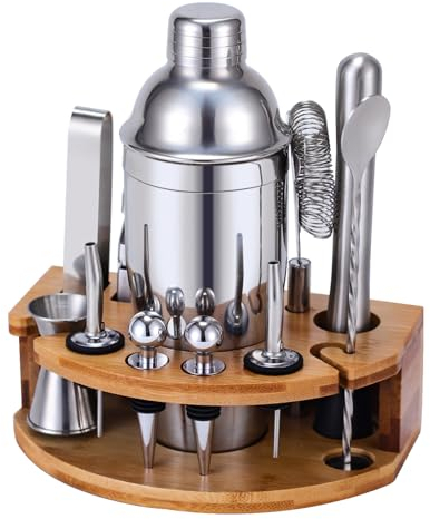 Set Shaker Cocktail Kit Barman con Supporto, Set Barman in Acciaio INOX da 750ML 12 pezzi con dosatore misurino cocktail, Kit Barman Professionale Completo per Home Bar, Regali per Papà (Argento)
