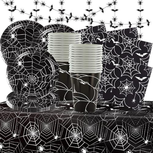 Shamoparty Halloween Spinnennetz Party Dekoration, 74-teiliges Geschirr-Set für 24 Personen