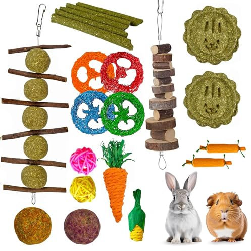 Lisetar Lot de 21 jouets pour lapin, jouets naturels à mâcher pour lapin, hamster, cochon d'Inde et chinchilla, bâtonnets de foin de timothée en bois de pomme pour animaux de compagnie en dents de
