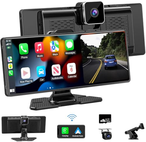 Wireless Car Stereo for Apple Car Play Android Auto with 4K Dash Cam Front, 10.26 Touch Screen CarPlay Radio, Loop Recording,1080P Rear Camera, Mirror Link,GPS Navigation,Bluetooth,64G TF,Siri/FM