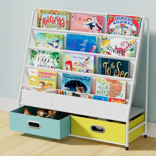 Mutool 4 Tier Children Bookcase Bookshelf for Kids, Book Rack Storage Bookshelf with Basket, Easy-to-Reach for Books, Toys or Snacks, Ideal for Playrooms & Homeschooling (Yellow&Green)