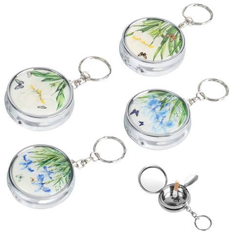 HMIEPRS 4 Pezzi Portacenere Portatile da Tasca, Posacenere per Sigarette in Acciaio Inox con Portachiavi e Porta Sigarette, Moderno Posacenere Tascabile per Viaggi in Auto e Esterno (4 Stili)