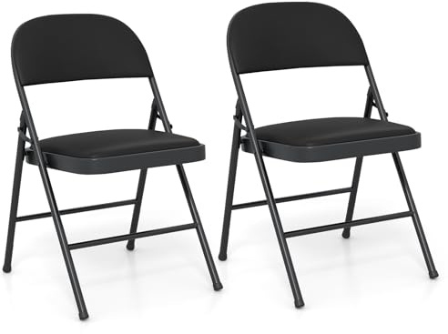 COSTWAY 1/2/4 Pack Padded Folding Chair, Easy Storage Conference Chair with Sponge Seat, Backrest & Foot Pads, Metal Frame Hall Guest Seating for Home Office (Black, PVC Leather, Mid Back, 2 Pcs)