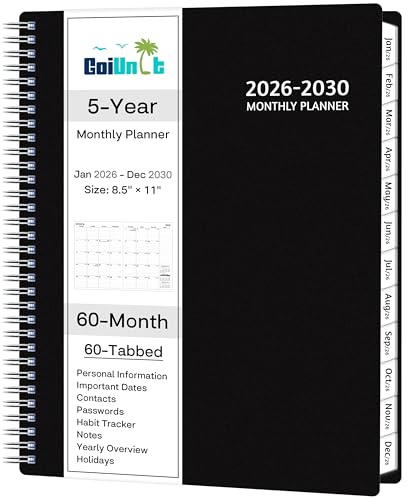 Monthly Planner 2026-2030, 5-Year Calendar Planner 2026-2030, Jan 2026 – Dec 2030, 8.5 x 11 In, Ruled Spread, Flexible Cover, Spiral Wirebound, Pocket, 60 Coated Monthly Tabs, Notes ＆ Habit Tracker, A4 Planner, Black