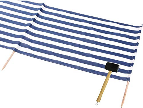 Strand Sichtschutz/Windschutz für Camping und Garten Stoff und Stäbe aus Holz mit Tasche (Blau/Weiß, 8 Meter | mit Gummihammer)
