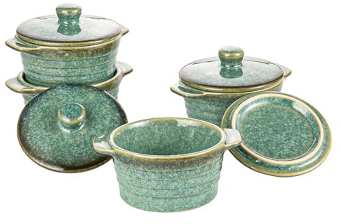 HENXFEN LEAD Mini Cocottes aus Steinzeug, 230ml Auflaufförmchen Souffle Förmchen mit Deckel, 4er-Set Kleine Auflaufform Creme Brulee Schälchen, Glänzend Grün