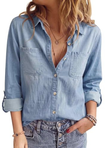 PASUDA Camicia Donna Jeans a Manica Lunga Casual(Azzurro,XL)