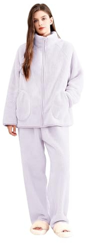 POWER FLOWER Set Pigiama in Pile Morbido da Donna – Completo Lounge 2 Pezzi Morbido e Ampio con Giacca con Zip, Abbigliamento da Notte Caldo per l’Inverno (LY215-Purple, M-L)