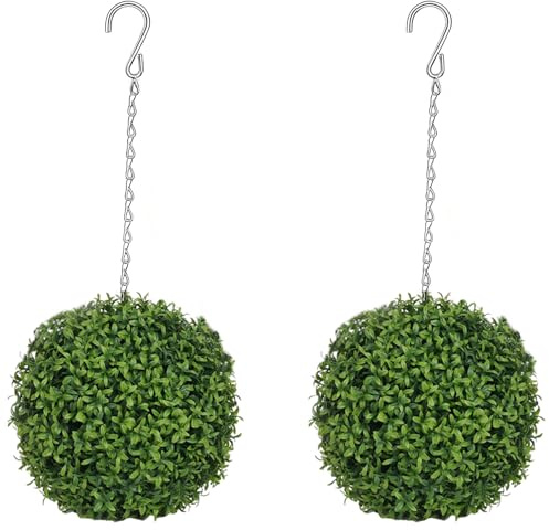 Christmas Boxwood Topiary Balls, 28cm Artificial Leaf Hanging Ornaments, 2pack Garden Plant Decorative Balls for Indoor Outdoor Use, UV Fade Protected, Pre-Attached Chain with Hook