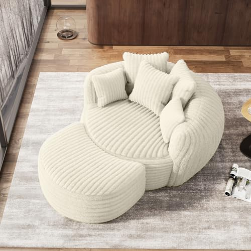 DAMAIFROM Oversized Chaise Lounge Chair Indoor with Ottoman 50.5 W x 67.0 D Round Soft Corduroy Comfy Oversized Reading Chair with 5 Pillows for Living, Reading Room - Beige White