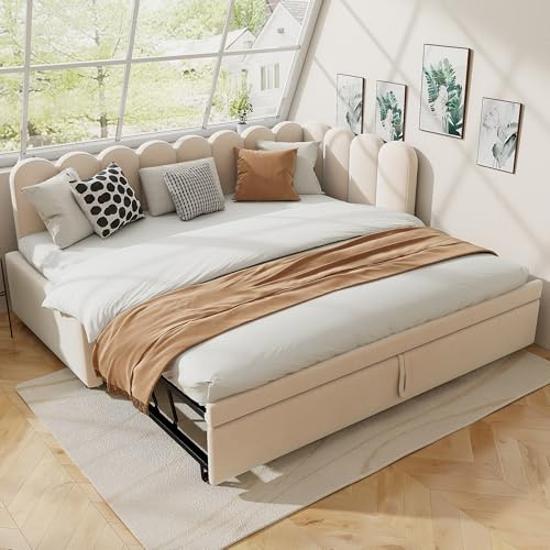 Fppuueg Divano Letto Imbottito Letto Singolo 90x200 cm con Letto Estraibile e Schienale a Forma di Petalo, Letti Singoli, Divano Letti Trasformabile 180 cm, Beige, Velluto, Senza Materasso