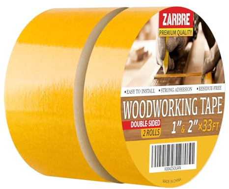 ZARBRE Double Sided Woodworking Tape, 1 & 2 Inch x 33 FT, 2 Rolls Residue-Free, Removable Strong Double Sided Tape for Woodworking, Double Sided Masking Tape for Wood Template, Edge Banding, Anchoring