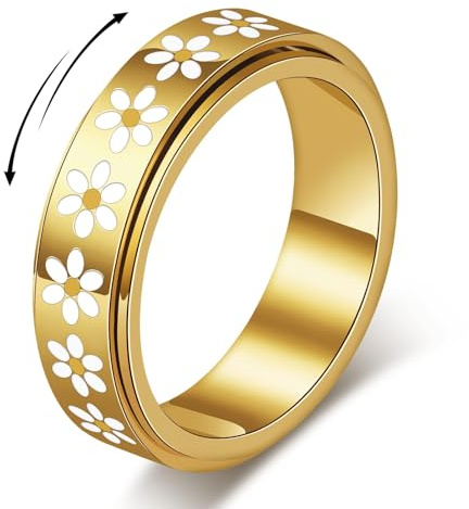 MIYUEFAN Ansiedad Anillos Giratorios Anillos para Mujer y Hombre, Margaritas Anillos de Rodillo de Acero Inoxidable Giratorio Inquieto Anillo para Antiestrés (Oro, 6)