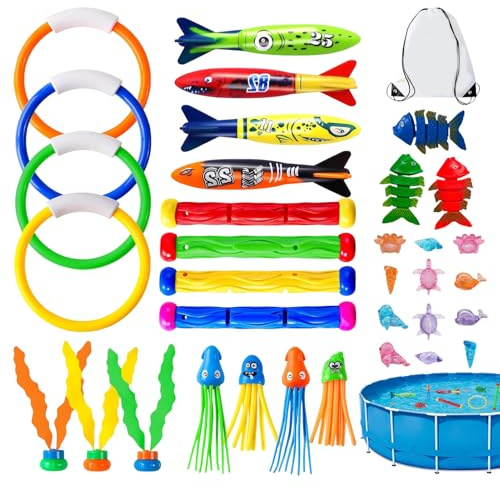 Juguetes de Buceo para Piscina, 35 Piezas de Juguetes subacuáticos de Verano con Peces de Piscina, Palos de Buceo y Anillos, para niños Que nadans, Regalos de Fiest de cumpleaños