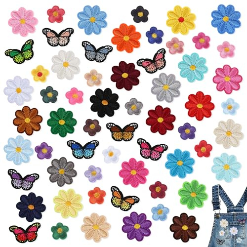 YinnFeen 60 Piezas Parches Bordados Florales, Parches Termoadhesivos de Margaritas para Planchar, Apliques de Flores y Mariposas para DIY Ropa Vaqueros Chaquetas Bolsos Sombreros