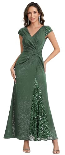 Ever-Pretty Robe de Soirée Chic Encolure en V Manches Courtes Tricot Maxi Robe Fourreau Vert Eucalyptus 40