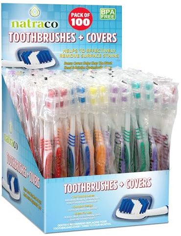 natraco Paquete de cepillos de dientes a granel con fundas | Cepillos de dientes coloridos envueltos individualmente de alta calidad | Cerdas suaves medianas para viajes, donaciones, hoteles (100)