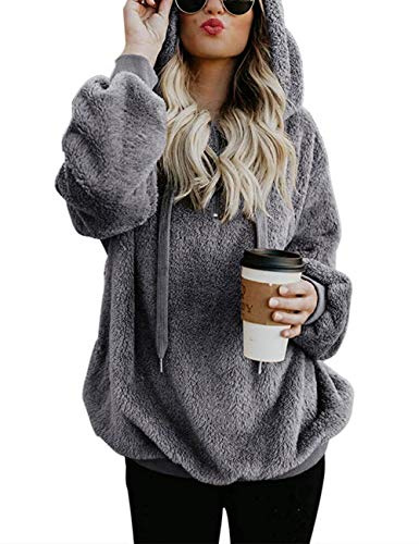 iWoo huvtröja dam huvtröja teddy fleece pullover vinter varm oversize långärmade tröjor med luva (mörkgrå, S)