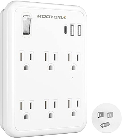USB Wall Outlet Extender with On Off Switch, Surge Protector Outlet,6 AC Multi-Plug with 3 USB Ports (1 USB C), 490 Joules, Flat Socket Splitter with Spaced Outlet for Home, Office, College
