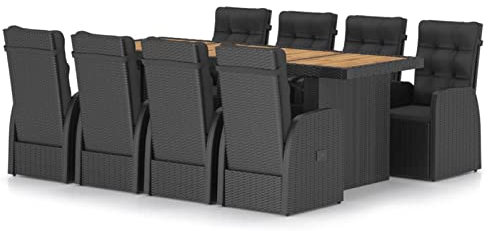 Gecheer 9-TLG. Garten Essgruppe, Terrassenmöbel Set 8 Personen, Sitzgruppe Esstisch mit Glas-Tischplatte & 8 Hochlehner Liegestuhl mit Sitzkissen, Gartenmöbel Set Poly Rattan Schwarz