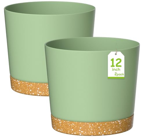 ZMTECH 30.5cm Plant Pots, Modern Planters with Drainage Holes and Detachable Saucer, Plastic Flower Pots for Plants for House Garden Windowsill (Set of 2, Green)