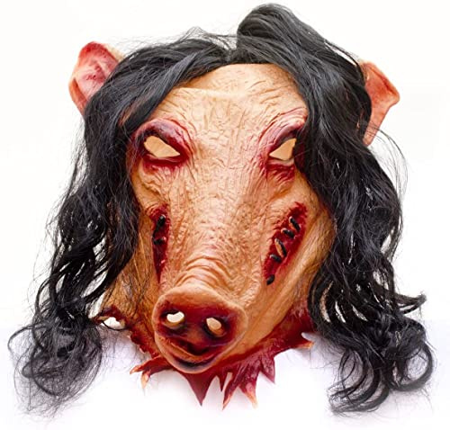 Halloween skräckmask, skrämmande grishuvudmask, realistisk grismask, blodig cosplay ansikte mask med hår, djävulsmask, zombie, vampyrförklädnader, halloweentillbehör