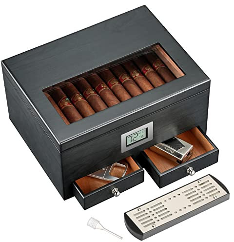 FANKAI Humidor, con 2 cassetti, accessori per sigari con umidificatore, scatola per sigari in legno di cedro massiccio, regali per sigari per uomo, umidificatore superiore in vetro